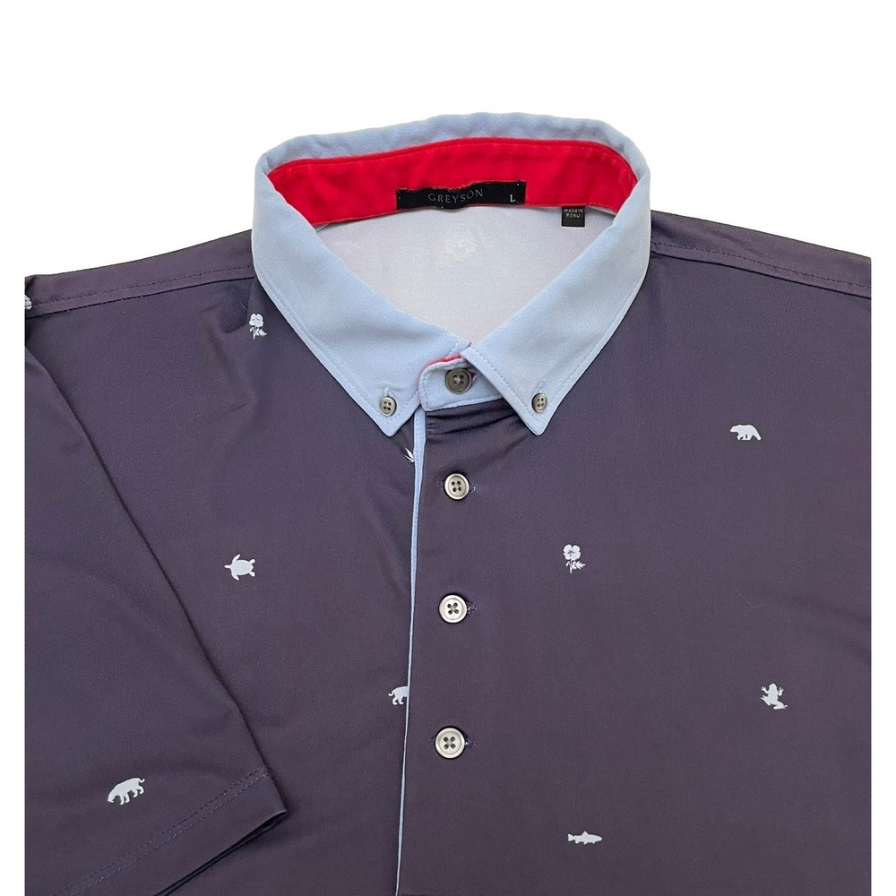 Greyson Performance Polo‎ Shirt L Navy Blue Nature Pattern Stretch Wicking Golf